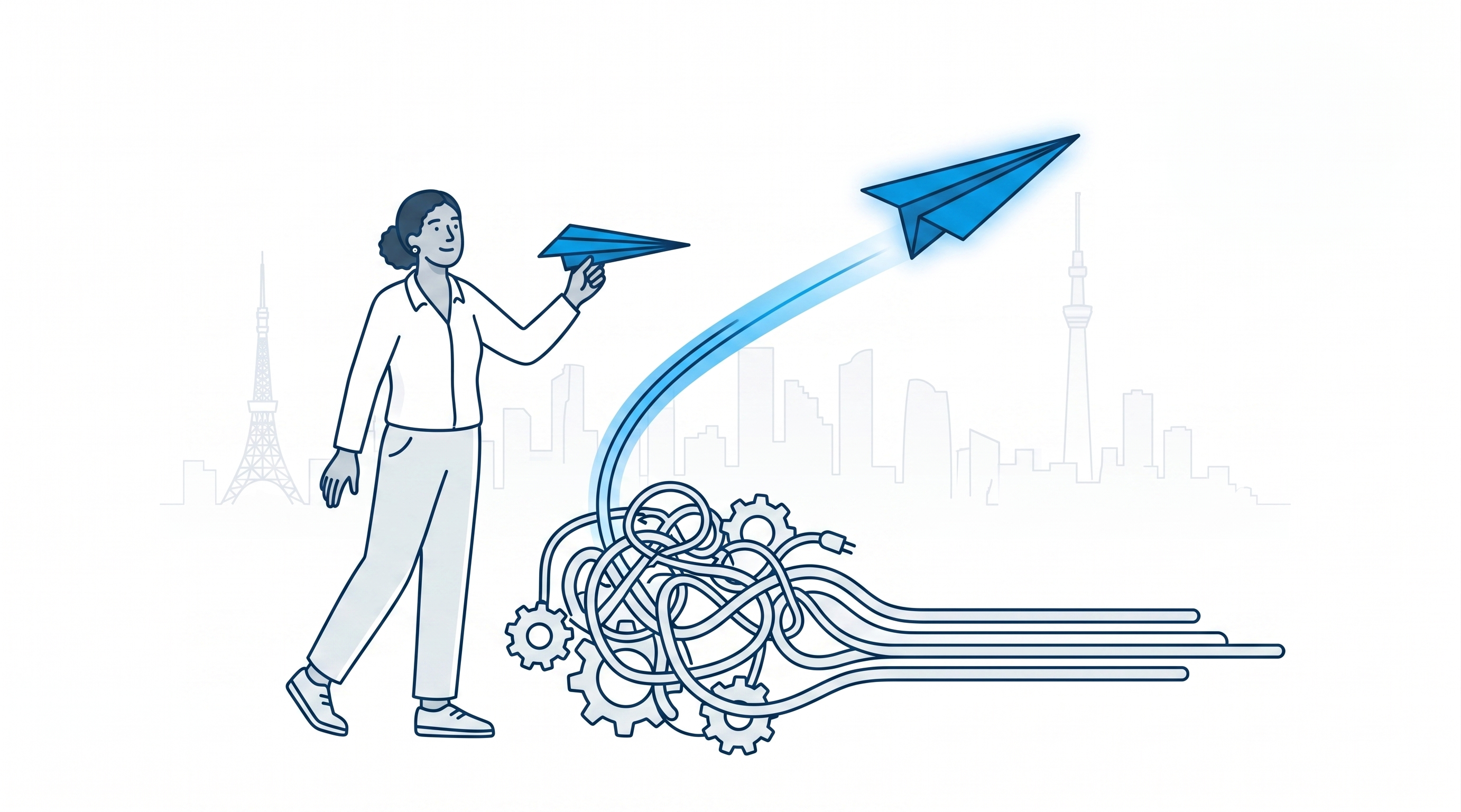 AI lift illustration — paper plane launching over Tokyo skyline
