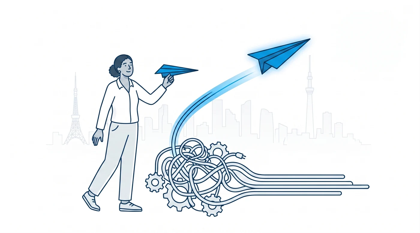 AI lift illustration — paper plane launching over Tokyo skyline